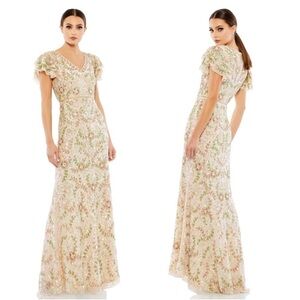 Mac Duggal Embellished‎ Ruffled Cap Sleeve V-Neck Gown Nude Multi 10772